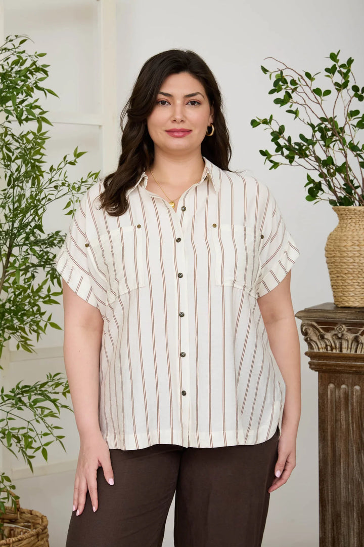 From Here On Button Down Taupe/Ivory Short Sleeve Top