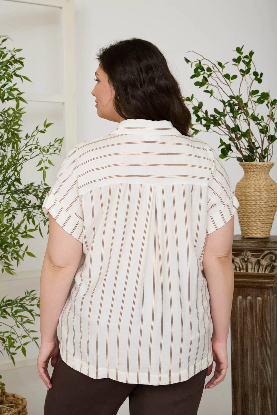 From Here On Button Down Taupe/Ivory Short Sleeve Top