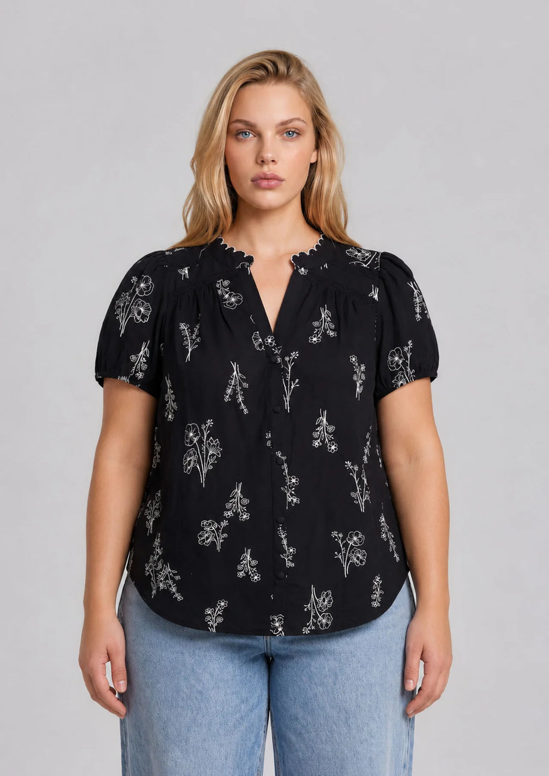 Sweet Talk Plus Floral Line Print Button Down Linen Top