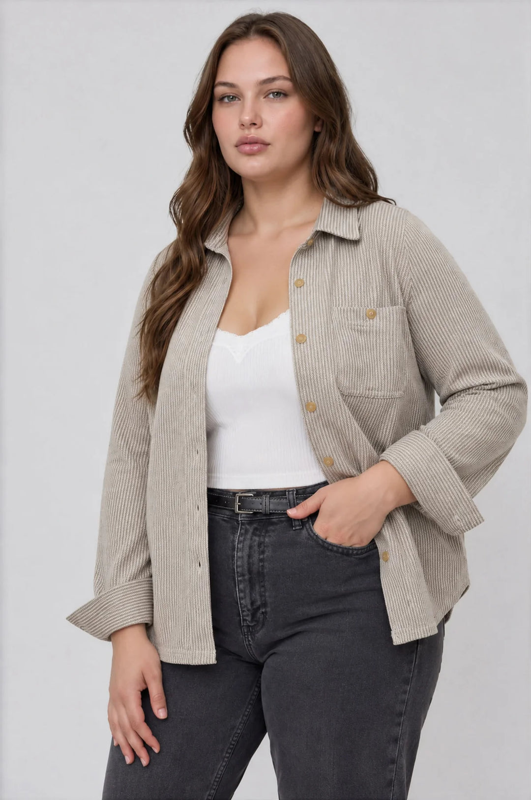 STRIPE COLLARED LONG SLEEVE BUTTON DOWN-BWN