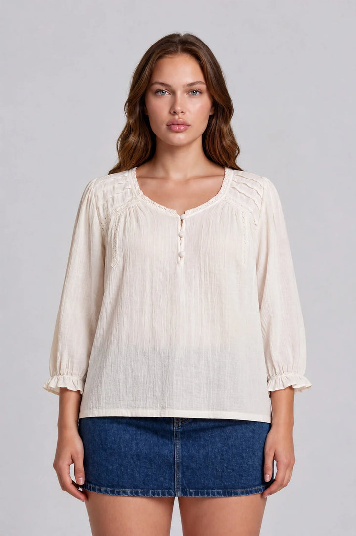 CROCHET TRIM V-NECK 3/4 SLEEVE HENLEY TOP