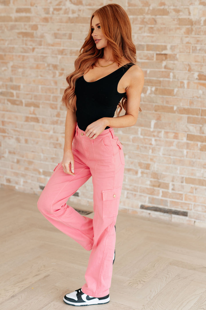 Peggy High Rise Cargo Straight Jeans in Pink -IN