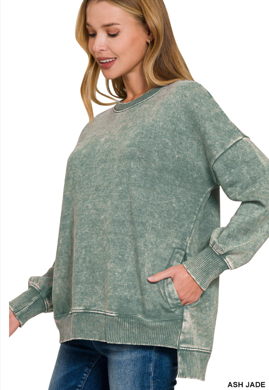 Coming Back for More Acid Wash Fleece Pullover with Pockets in Ash Jade