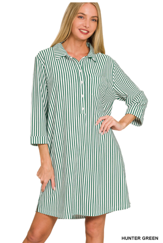 Light Up the Room Collared Striped Dress in Hunter Green