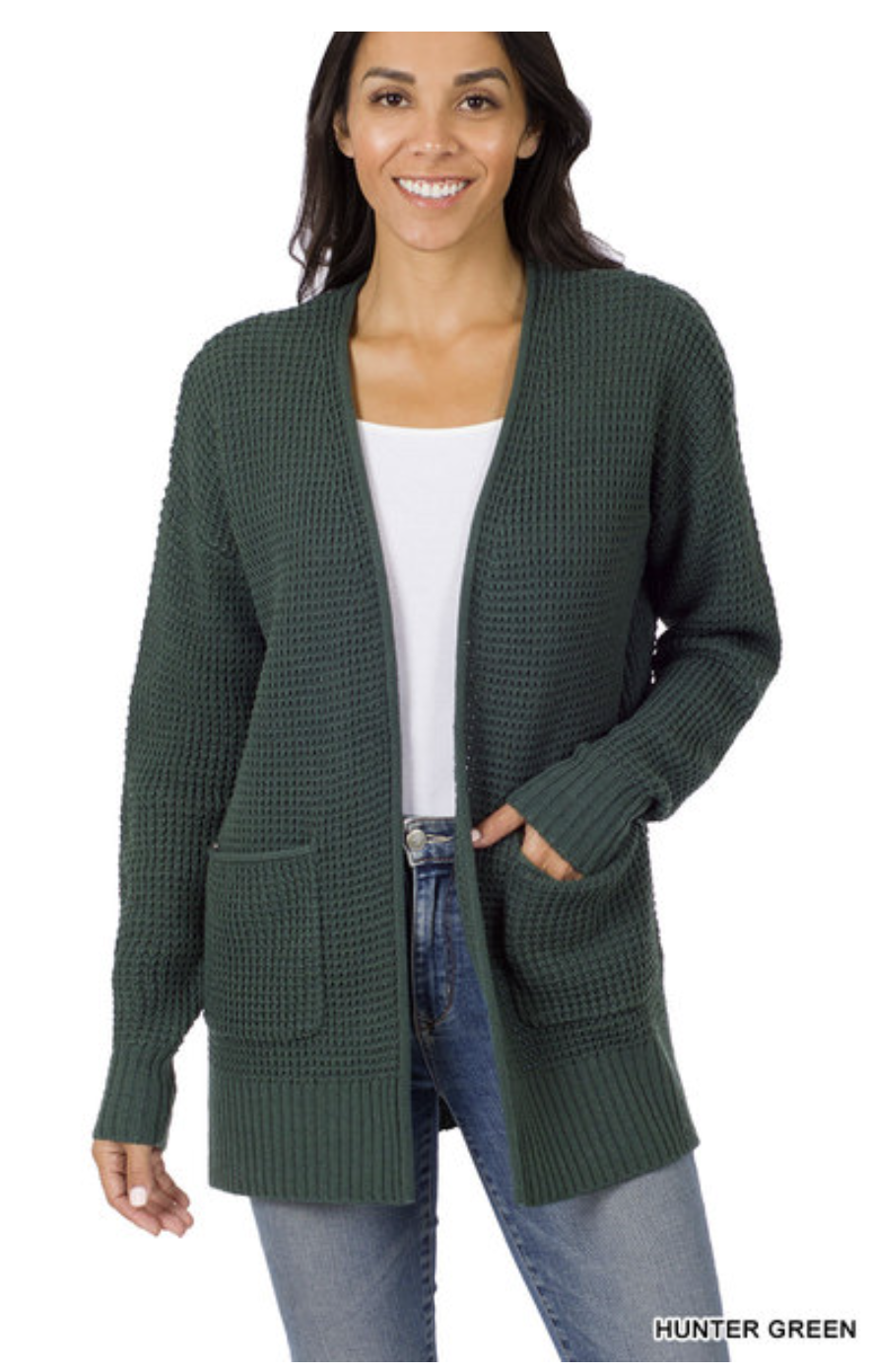 With The Girls Waffle Knit Open Cardigan in Hunter Green