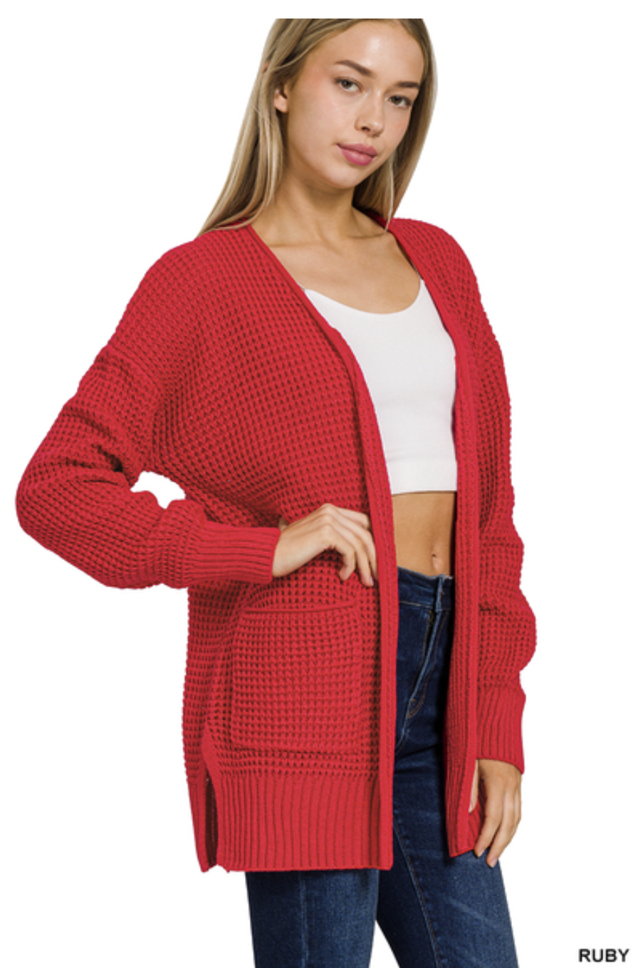 With The Girls Waffle Knit Open Cardigan in Ruby Red