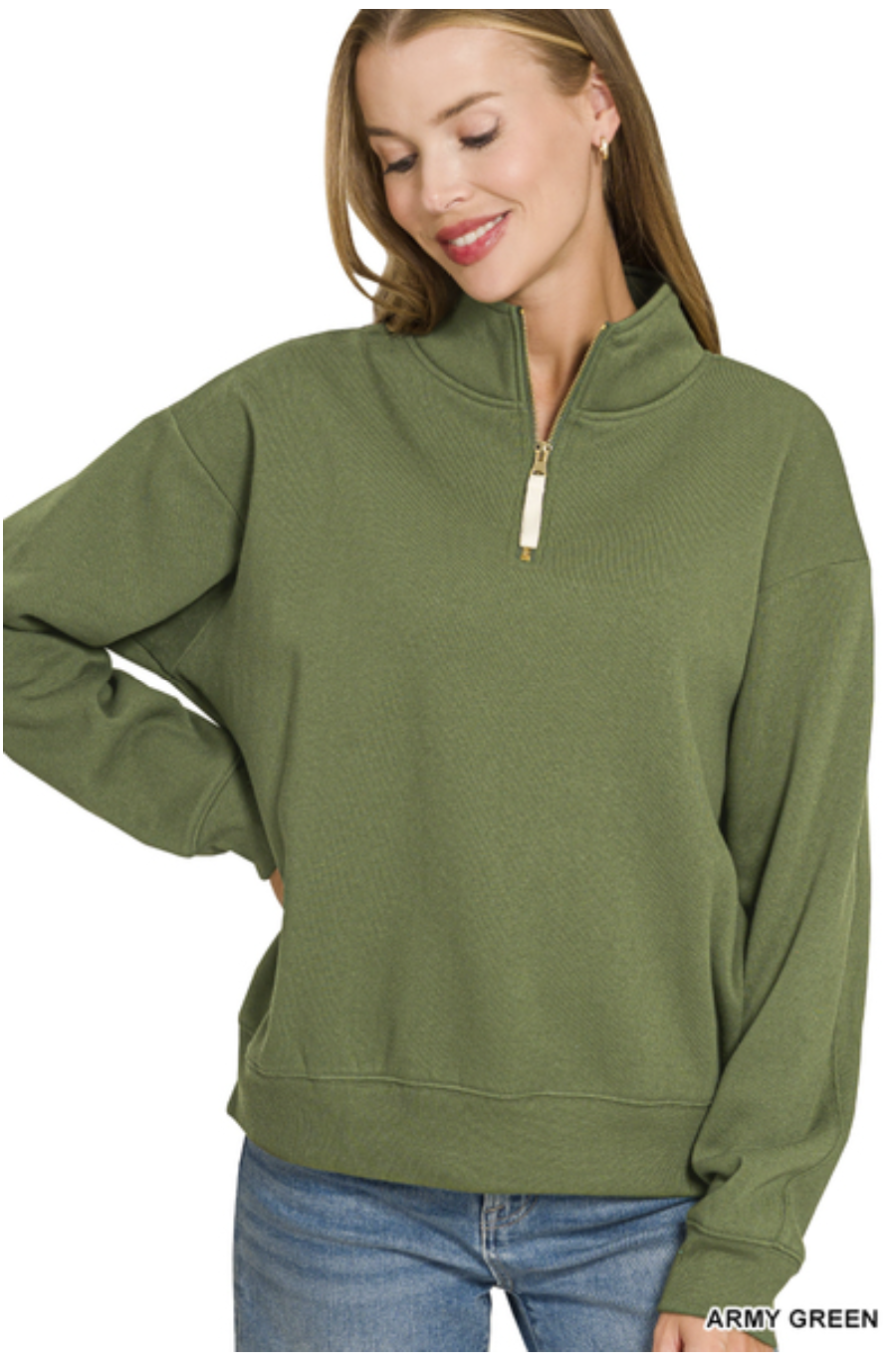What Can I Do Fleece Half Zip Pullover in Army Green