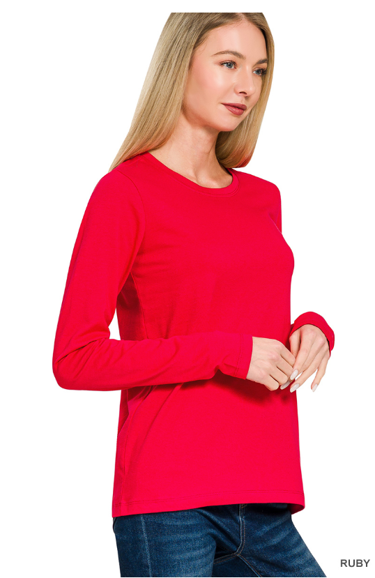 Makes You Happy Long Sleeve Cotton Crew Neck in Ruby Red