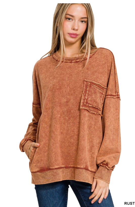 Be Bold Acid Washed Pocket Pullover in Rust
