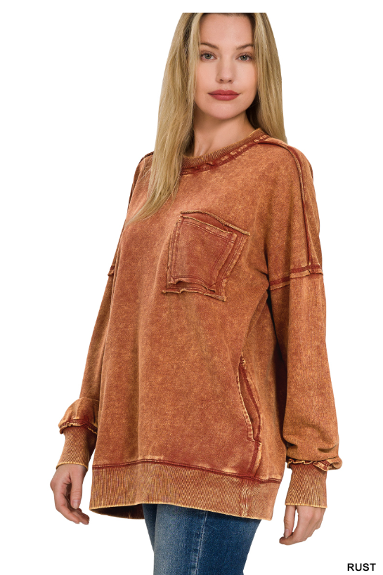 Be Bold Acid Washed Pocket Pullover in Rust