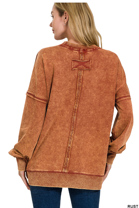 Be Bold Acid Washed Pocket Pullover in Rust