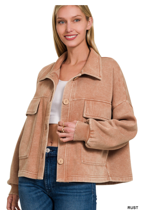 On the Ready Button-Down Fleece Jacket in Rust