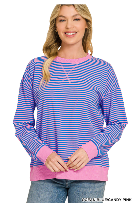 All Checked Out Long Sleeve Striped Pullover in Ocean Blue and Pink