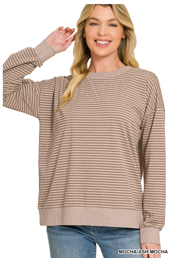 All Checked Out Long Sleeve Striped Pullover in Mocha