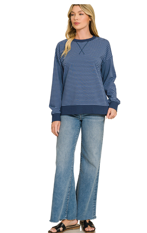 All Checked Out Long Sleeve Striped Pullover in Blue