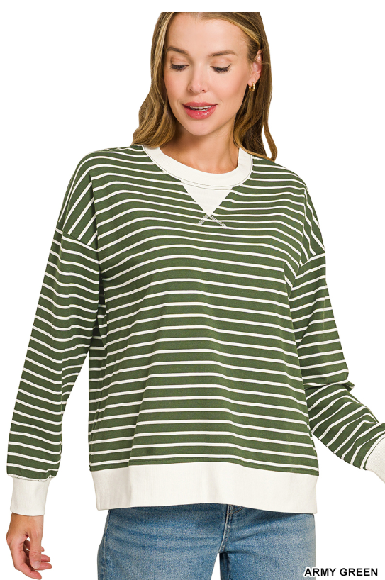 Heartfelt Comfort Striped Pullover in Army Green