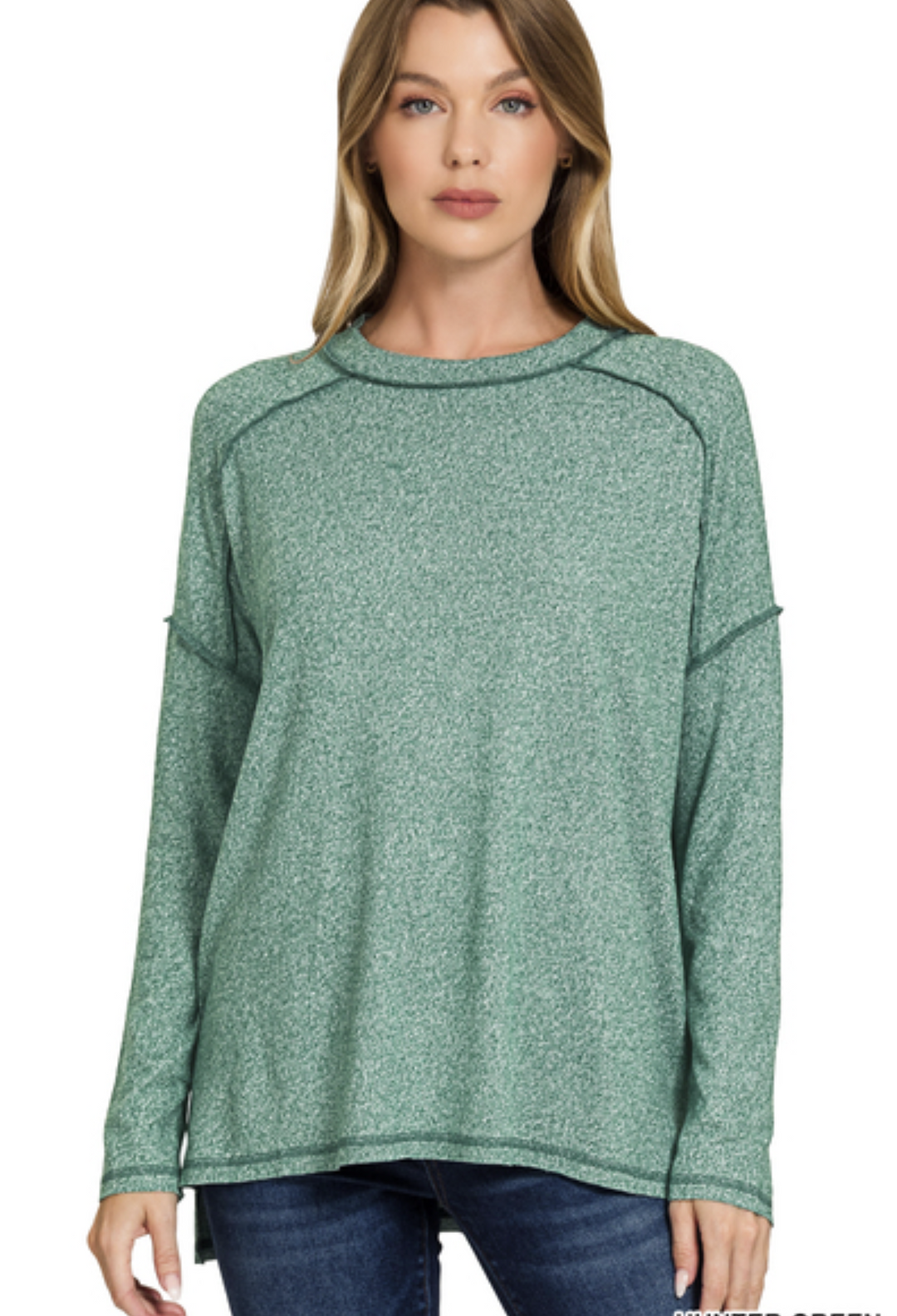 Weekend Charm Soft Exposed Seam Long Sleeve Top in Hunter Green
