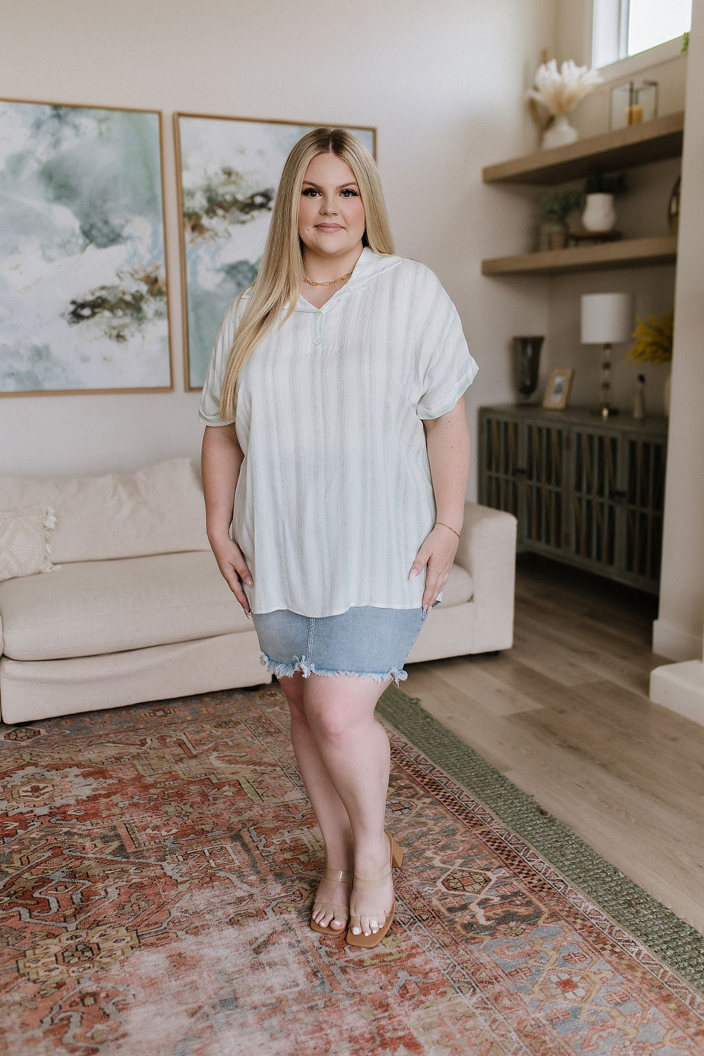 Just What I Needed White and Green Striped Short Sleeve Blouse