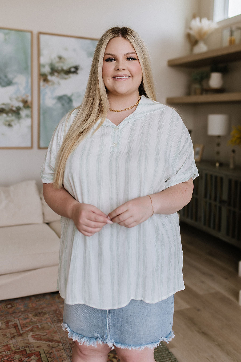 Just What I Needed White and Green Striped Short Sleeve Blouse