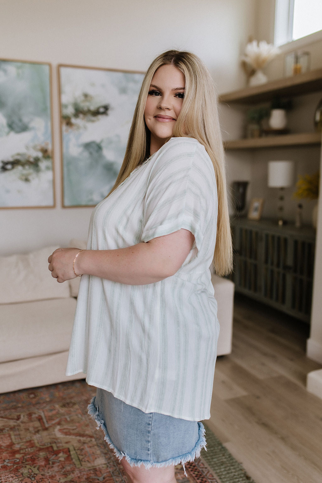 Just What I Needed White and Green Striped Short Sleeve Blouse