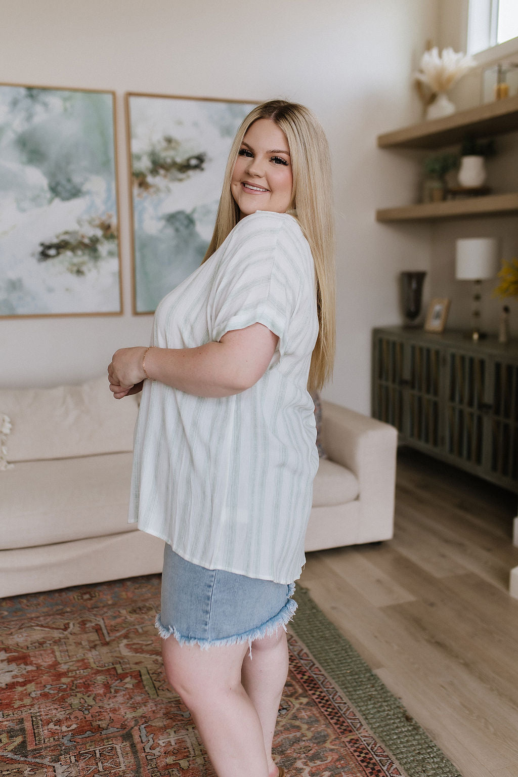 Just What I Needed White and Green Striped Short Sleeve Blouse