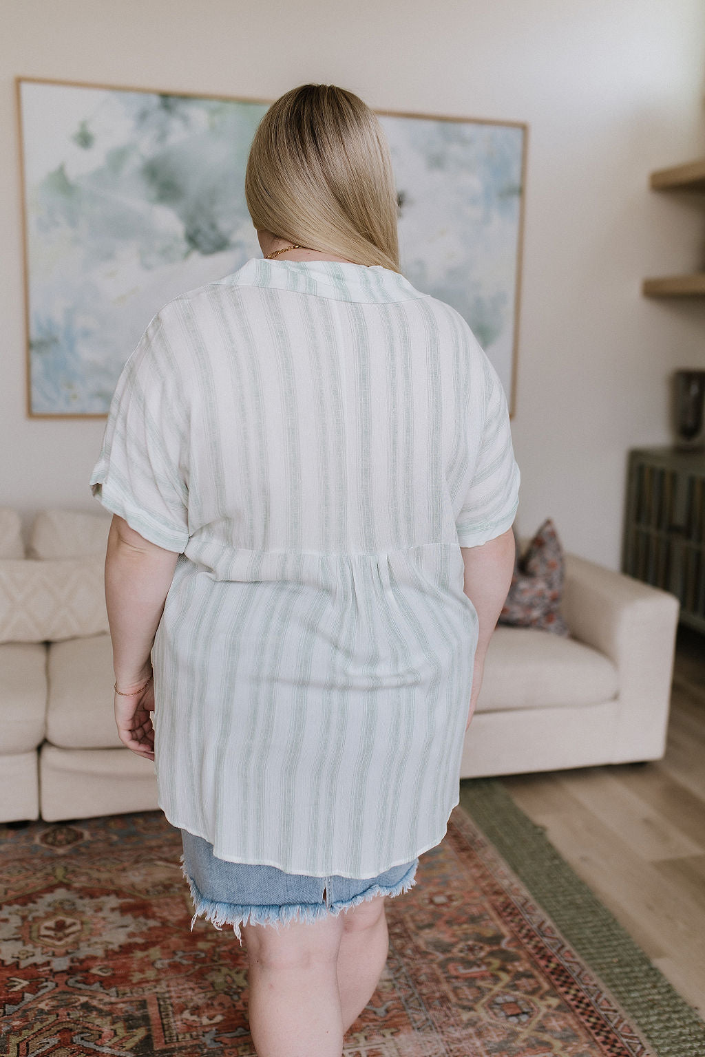 Just What I Needed White and Green Striped Short Sleeve Blouse