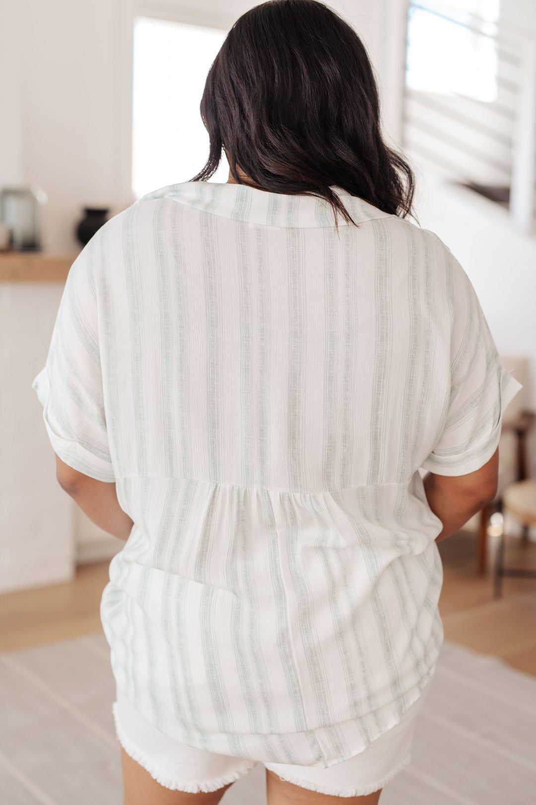 Just What I Needed White and Green Striped Short Sleeve Blouse