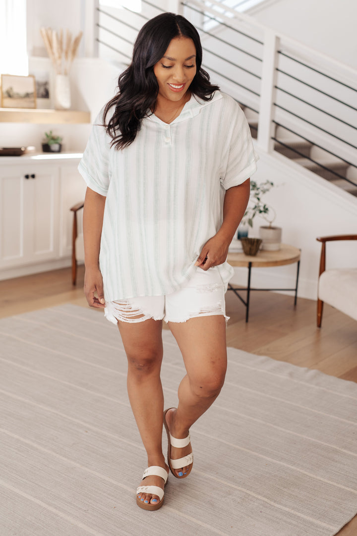 Just What I Needed White and Green Striped Short Sleeve Blouse