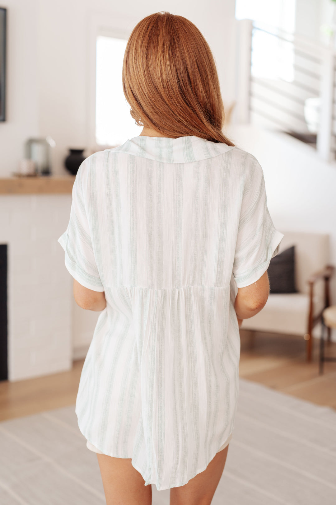 Just What I Needed White and Green Striped Short Sleeve Blouse