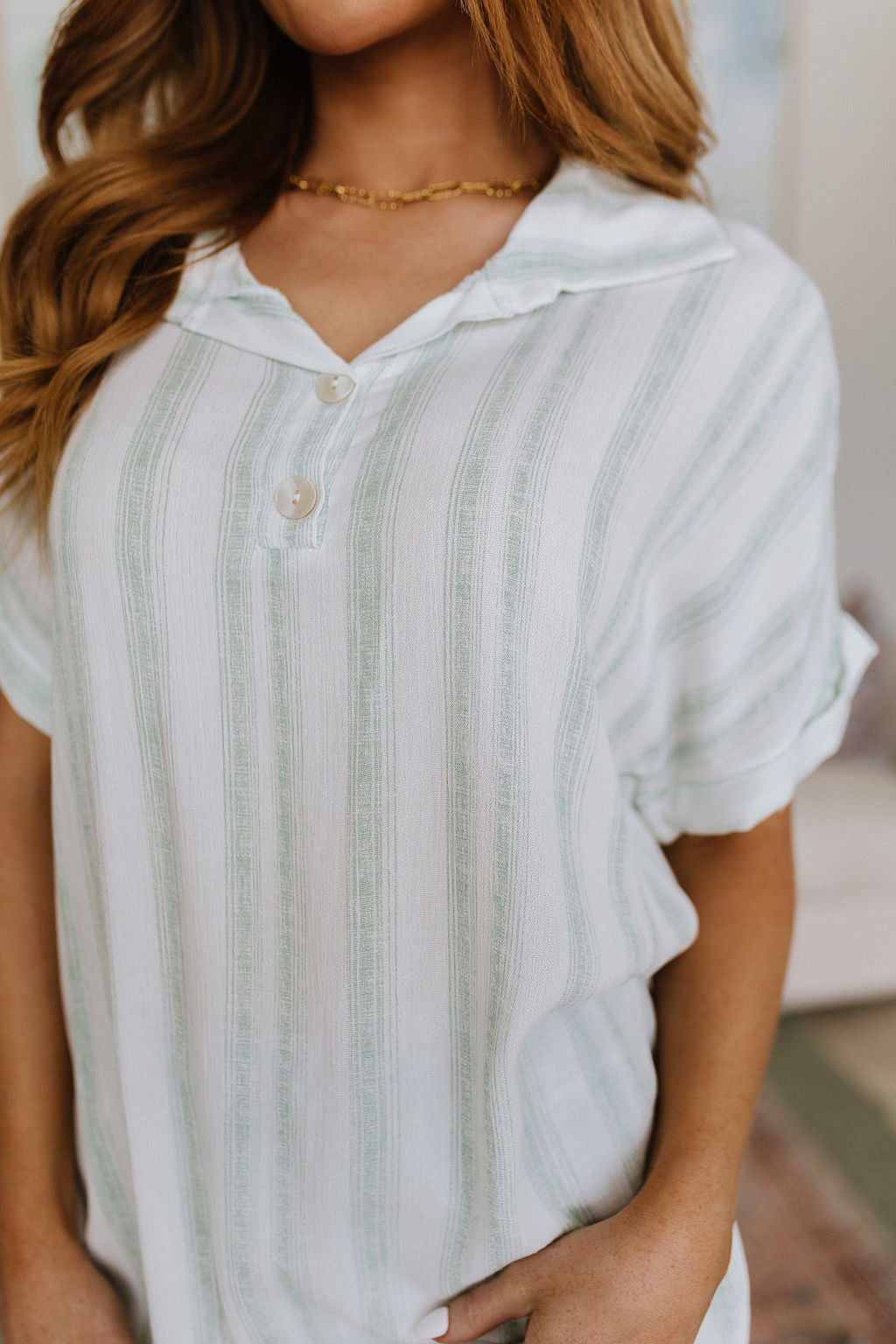 Just What I Needed White and Green Striped Short Sleeve Blouse