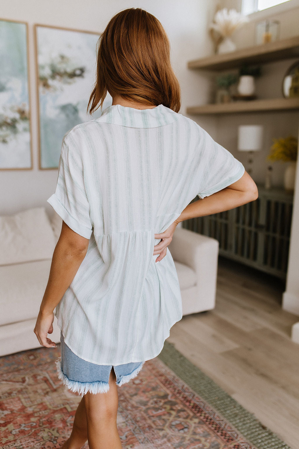 Just What I Needed White and Green Striped Short Sleeve Blouse