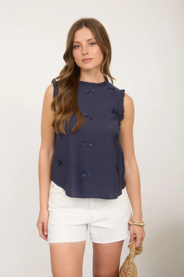My Affection Ribbon Ruffle Trim Sleeveless Top in Navy