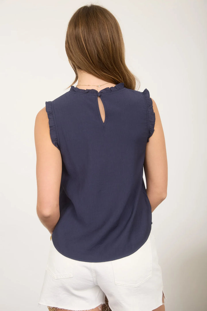 My Affection Ribbon Ruffle Trim Sleeveless Top in Navy