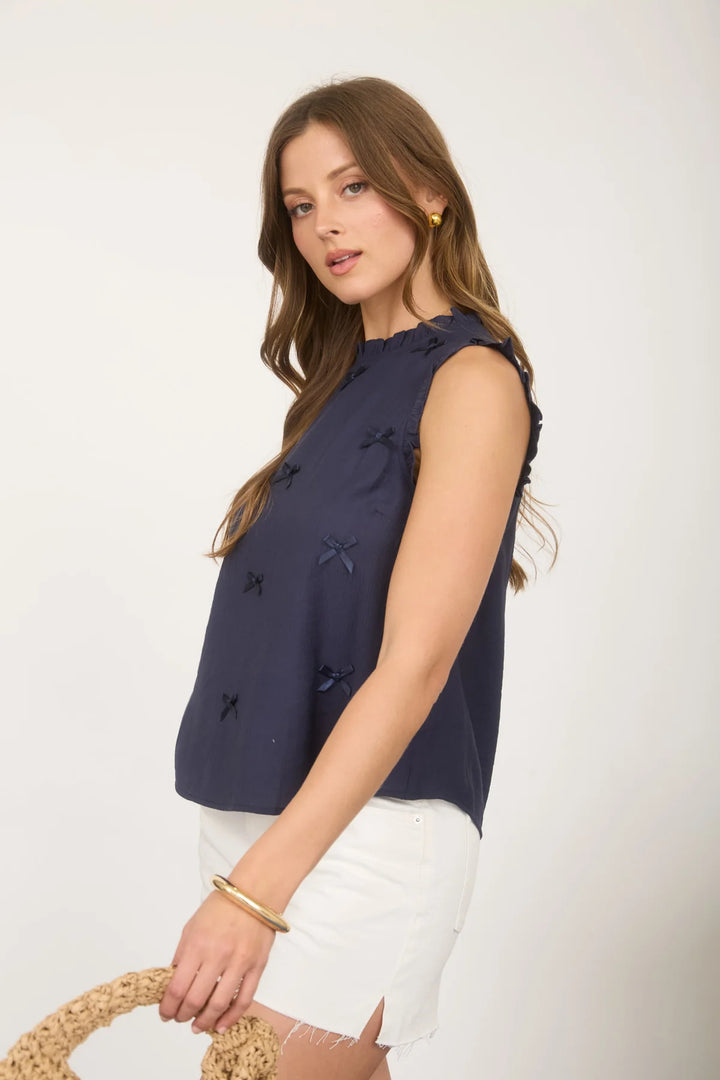 My Affection Ribbon Ruffle Trim Sleeveless Top in Navy