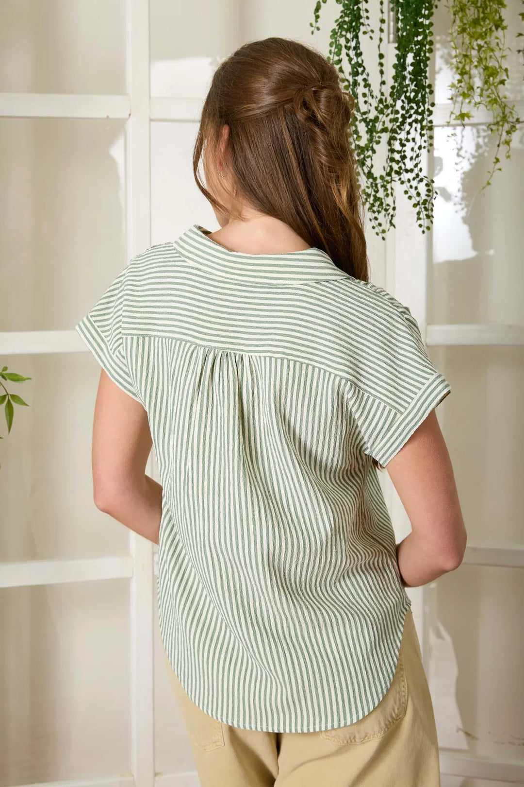 Candy Stripes Stripe Collared V Neck Cuff Sleeve Shirt In Green