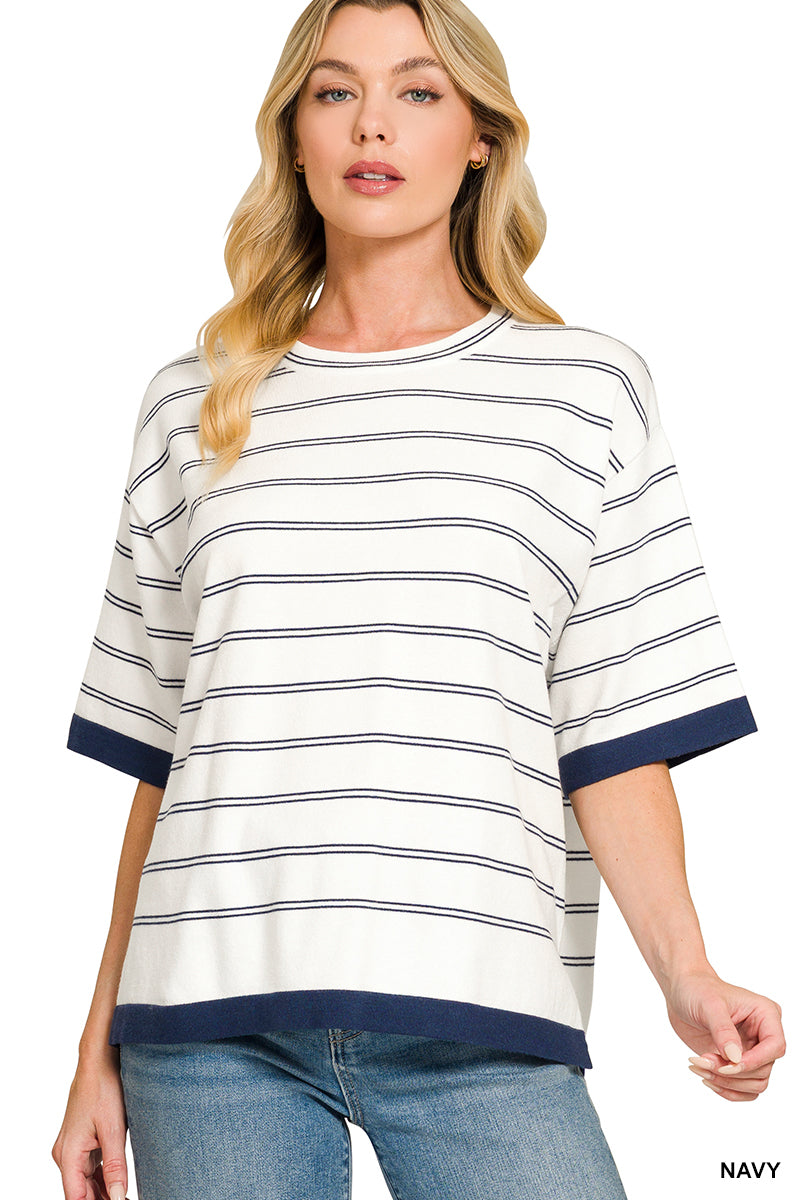 On My Way Short Sleeve Sweater with Navy Stripes