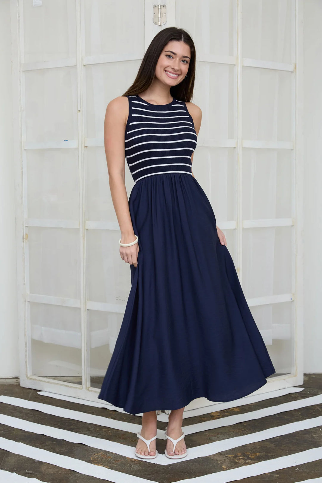 Scene Setter Striped Tank Midi Dress in Navy