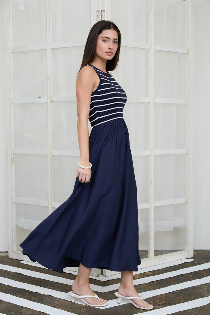 Scene Setter Striped Tank Midi Dress in Navy