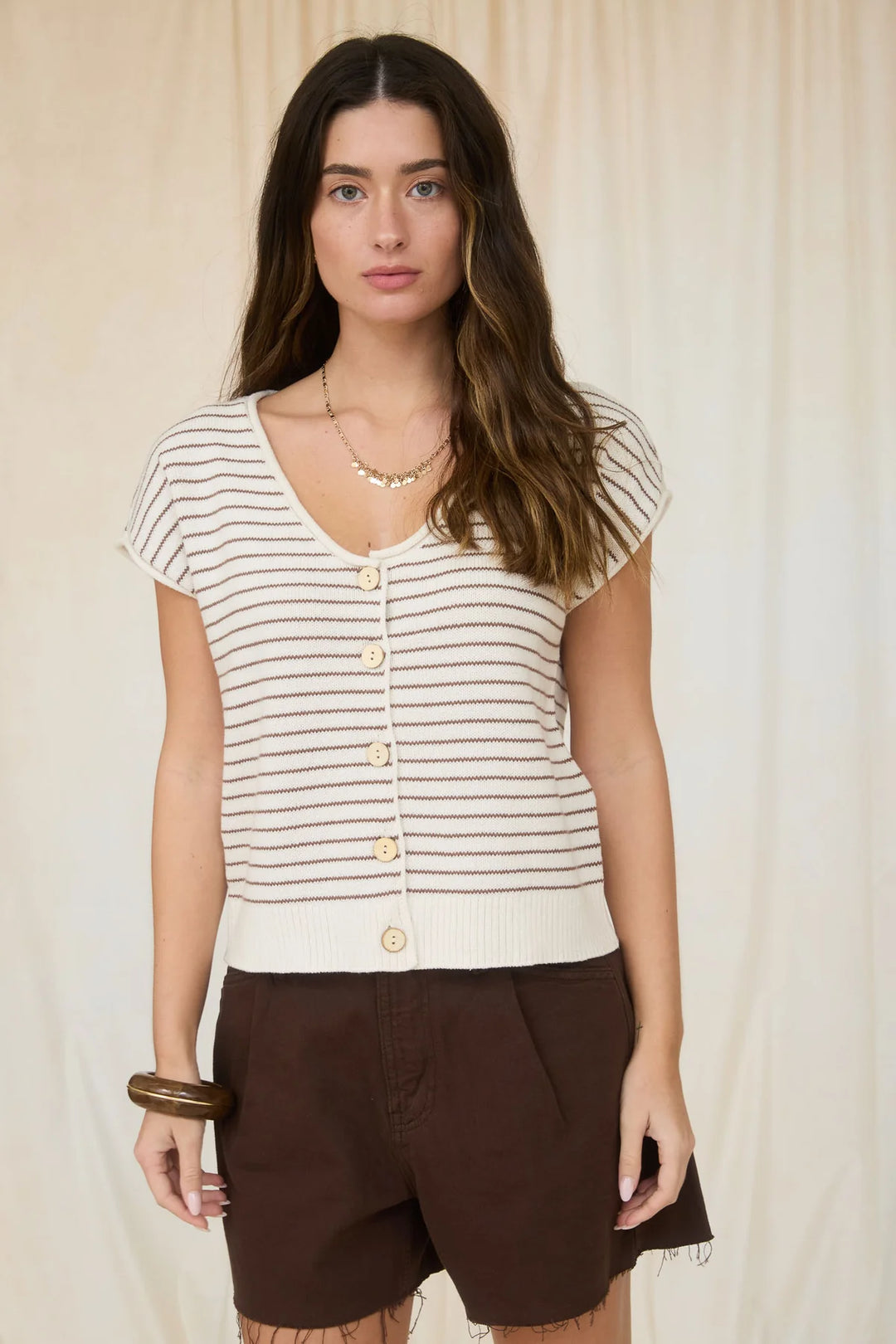 Easy Day Short Sleeve Cardigan in Cream/Brown Stripe