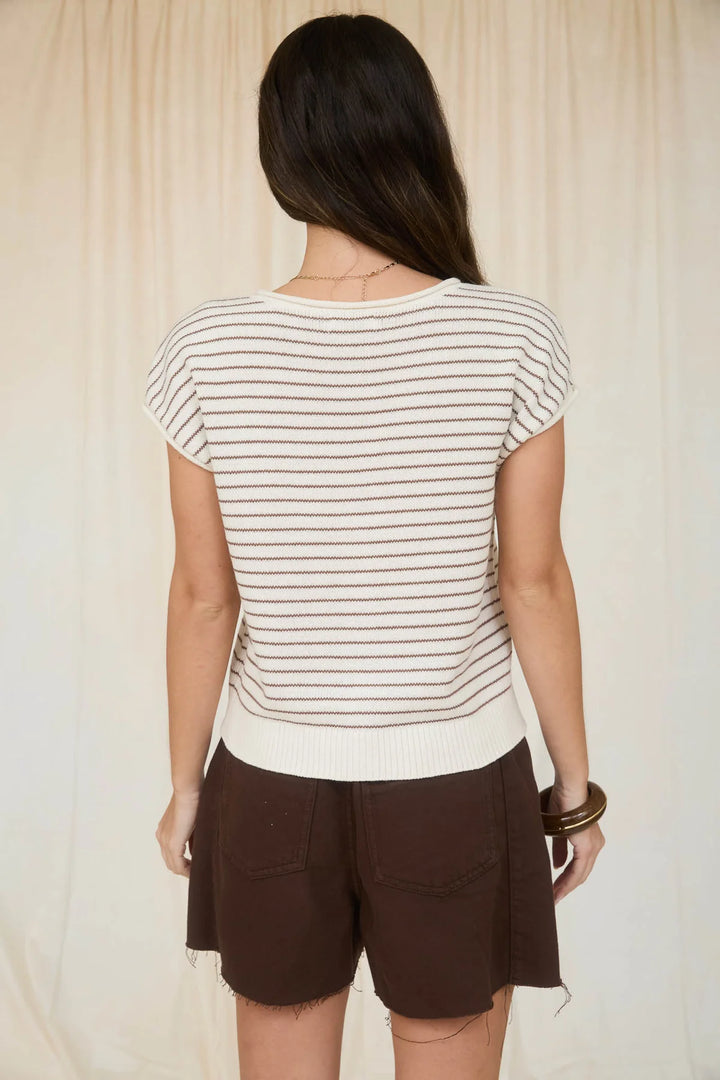 Easy Day Short Sleeve Cardigan in Cream/Brown Stripe