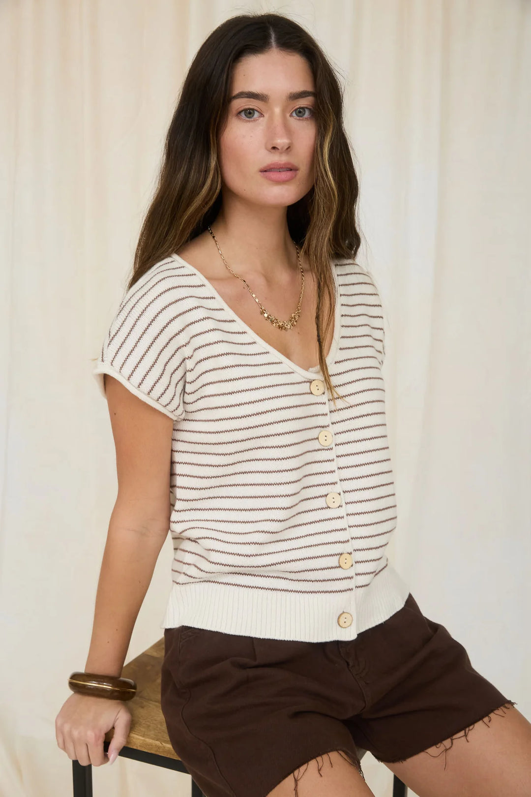 Easy Day Short Sleeve Cardigan in Cream/Brown Stripe