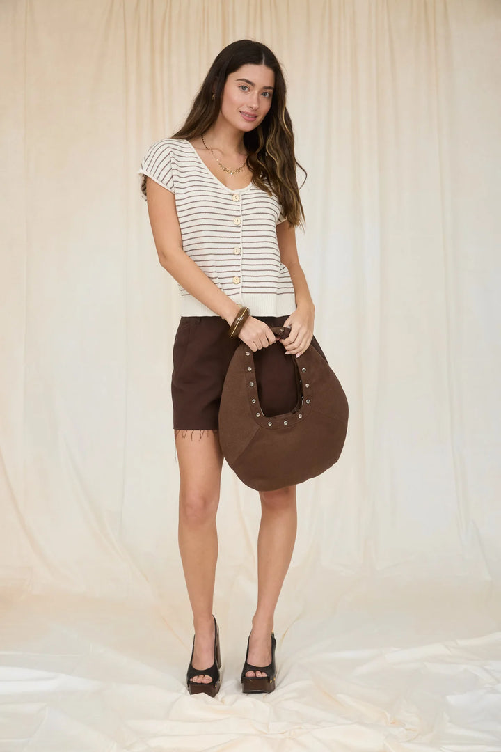 Easy Day Short Sleeve Cardigan in Cream/Brown Stripe