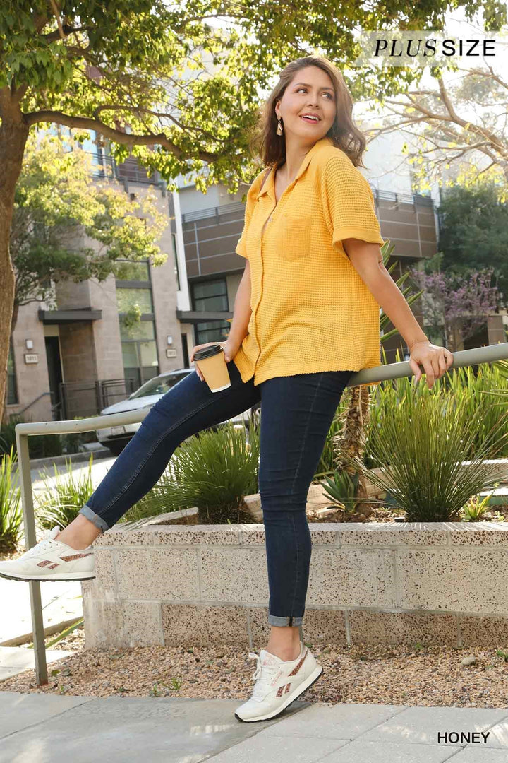 Bee Happy Short Sleeve Waffle Knit Top in Honey