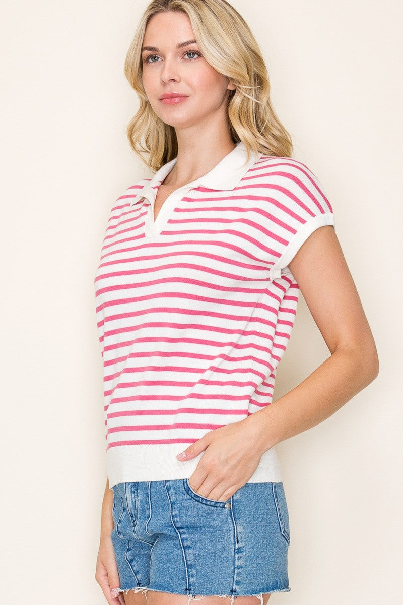 It's Going Well Pink and White Stripped Collared Short Sleeve Top