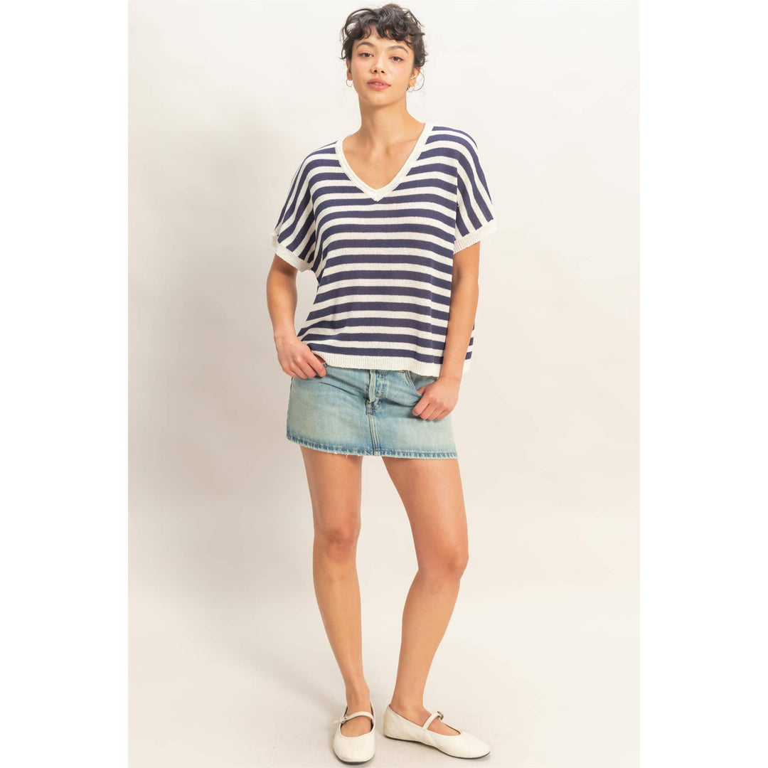 Striped V-Neck Short Dolman Sleeve Oversized Top