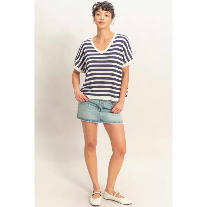 Striped V-Neck Short Dolman Sleeve Oversized Top