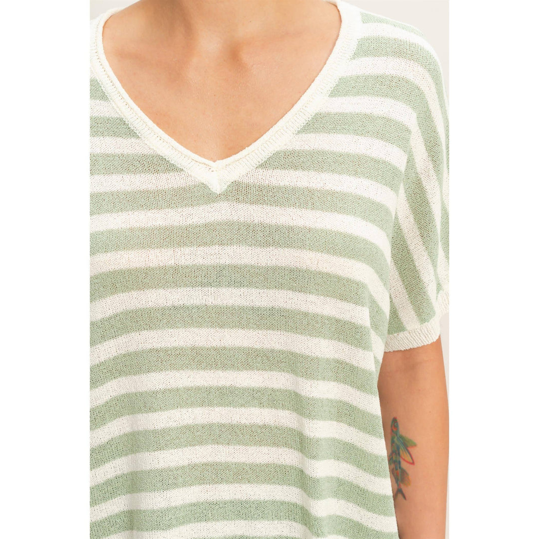 Striped V-Neck Short Dolman Sleeve Oversized Top