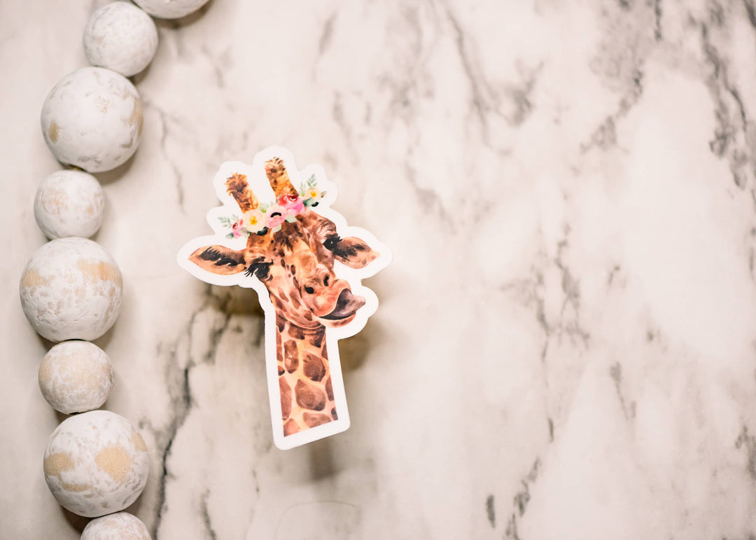 Giraffe, floral, clear, Vinyl Sticker, 3x3 inch.