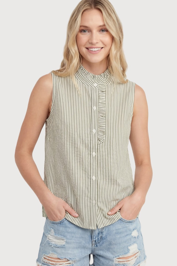 Walking Towards the Garden Sleeveless Button Down in Olive Stripe