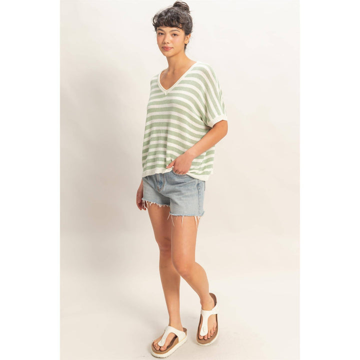 Striped V-Neck Short Dolman Sleeve Oversized Top